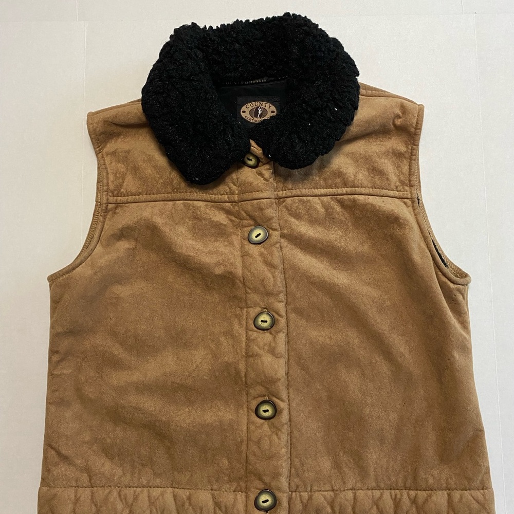 Women's County Clothing Co Faux Suede Brown Vest with Black Collar‎ XL